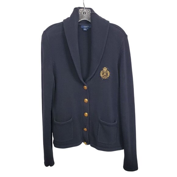 Chaps Womens Size L Cardigan Cotton Sweater Shawl Collar Gold Buttons Crest Navy - Picture 2 of 12